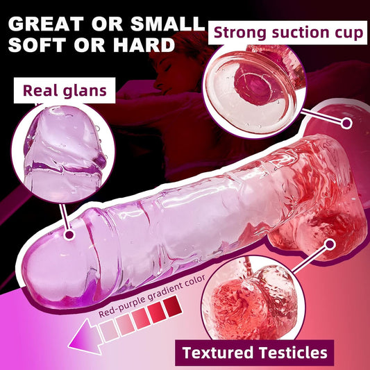 Realistic Dildo Clear Silicone 7.8 Red-Purple Gradient Adult Sex G-spot Dildo with Strong Suction Cup for Women Hand Free Play Flexible Soft Penis Dong. Toys for Vaginal and Anal Stimulation