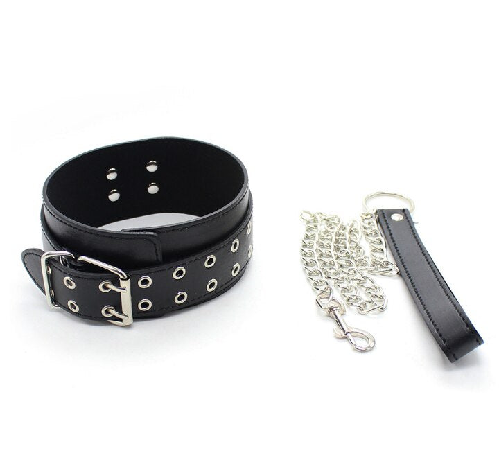 Male Female Black PU Leather Neck Collar Handcuffs Ankle Cuffs Wrist Chain Slave Bondage BDSM Fetish Restraints Kit Sex Toys