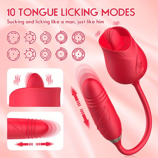 Rose Toy Vibrator For Women. 3 In 1 Clitoral Stimulator Tongue Licking Thrusting G Spot Dildo Vibrator With 10 Modes. Vaginal Anal Masturbation Massager. Rose Adult Sex Toys Games. Clit Nipple Licker For Women Man Couples