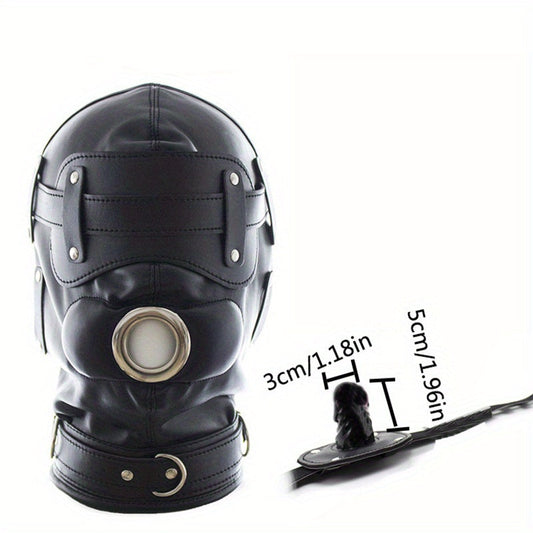 Black Leather BDSM Head Hood with Removable Blindfold And Dildos Mouthpiece Gag - Adult Sex Toy. SM Bondage Accessories Valentine'S Day Gift