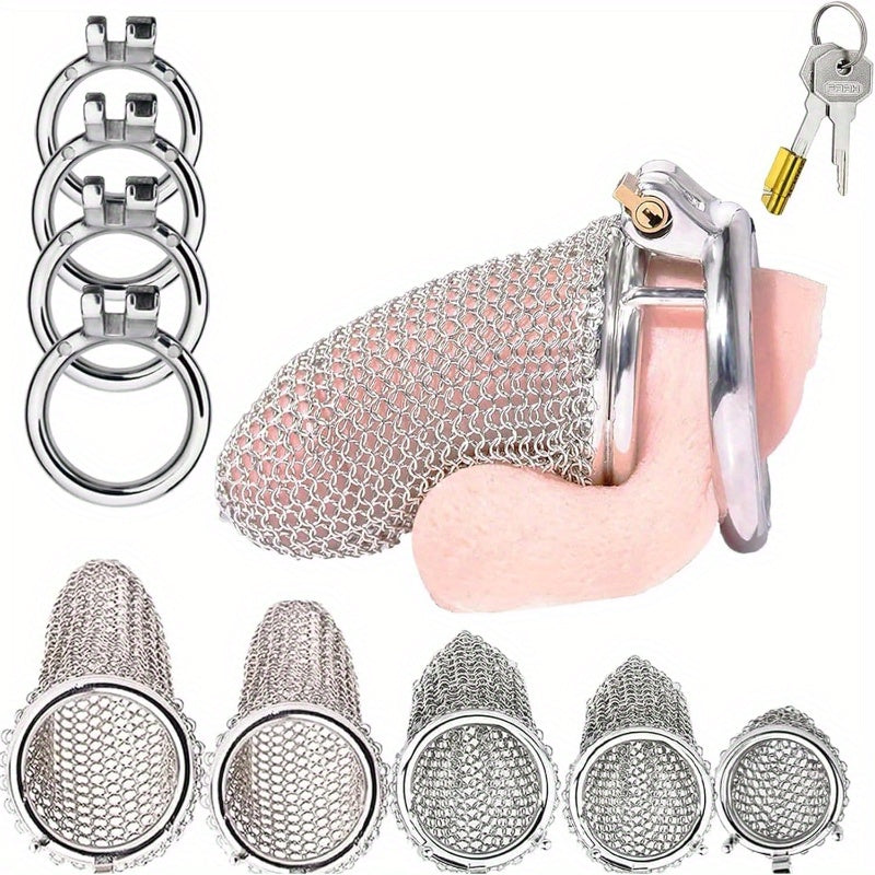 Stainless Steel Penis Cage. Mesh Penis Cage with 4 Rooster Rings Male Chastity Device Set. Restraint Penis Chastity Belt Rooster Cage. Adult Bondage Game Sex Toys (XXL. Round Ring 55mm)