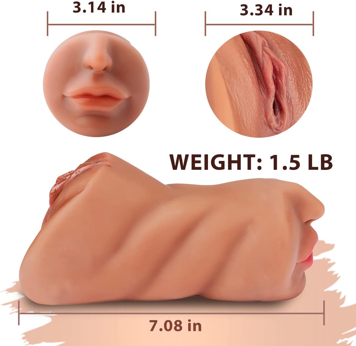 3 in 1 Pocket Pussy Male Masturbators with Lifelike Face. Sex Doll with Realistic Textured Mouth Vagina and Tight Anus. Masturbator Deep Throat Oral Adult Sex Toys for Men Masturbation (Brown)