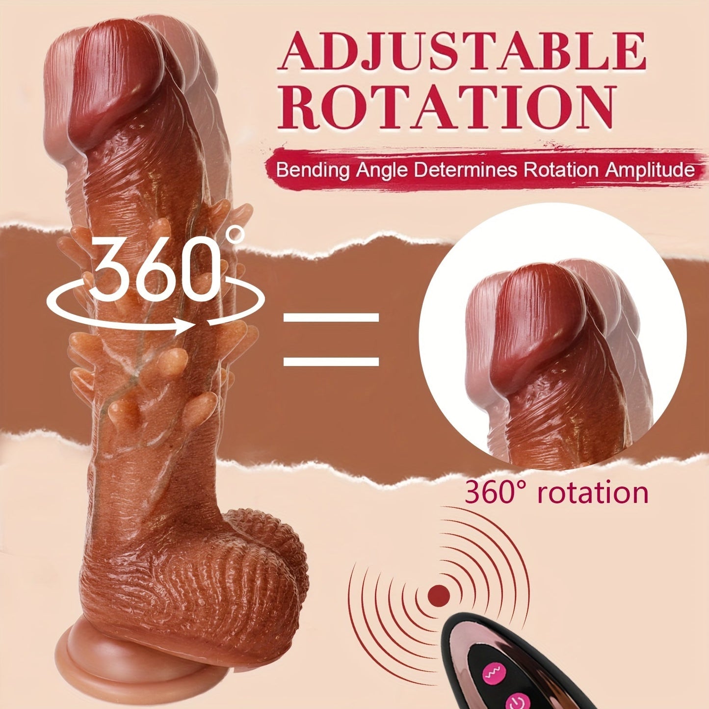 Adjustable Rotation Dildo: 9.1 Vibration Realistic G-Spot Anal Stimulation. 360° Rotation. Remote Control.. Latex. Battery Powered. 1200mAh Li-ion Battery. Liquid Silicone