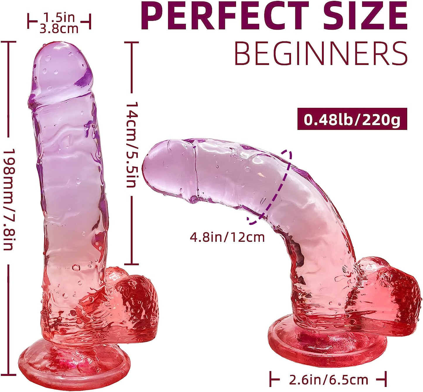Realistic Dildo Clear Silicone 7.8 Red-Purple Gradient Adult Sex G-spot Dildo with Strong Suction Cup for Women Hand Free Play Flexible Soft Penis Dong. Toys for Vaginal and Anal Stimulation