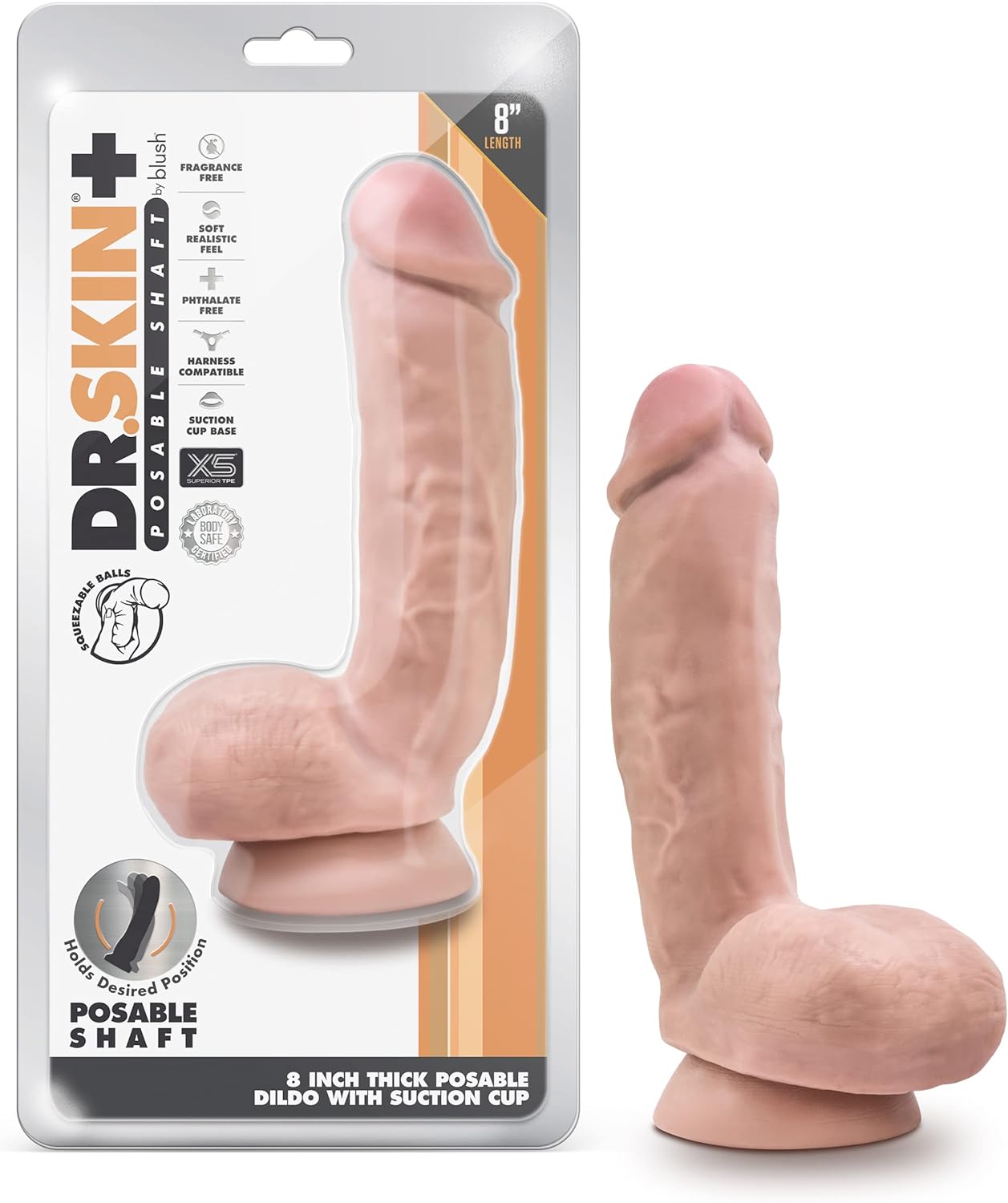 Dr. Skin Plus - 8 Inch Realistic Posable Dildo with Squeezable Balls - Suction Cup Base for Hands Free Play and Harness Compatible - Triple Density and Flexible Sex Toy for Him Her Couples