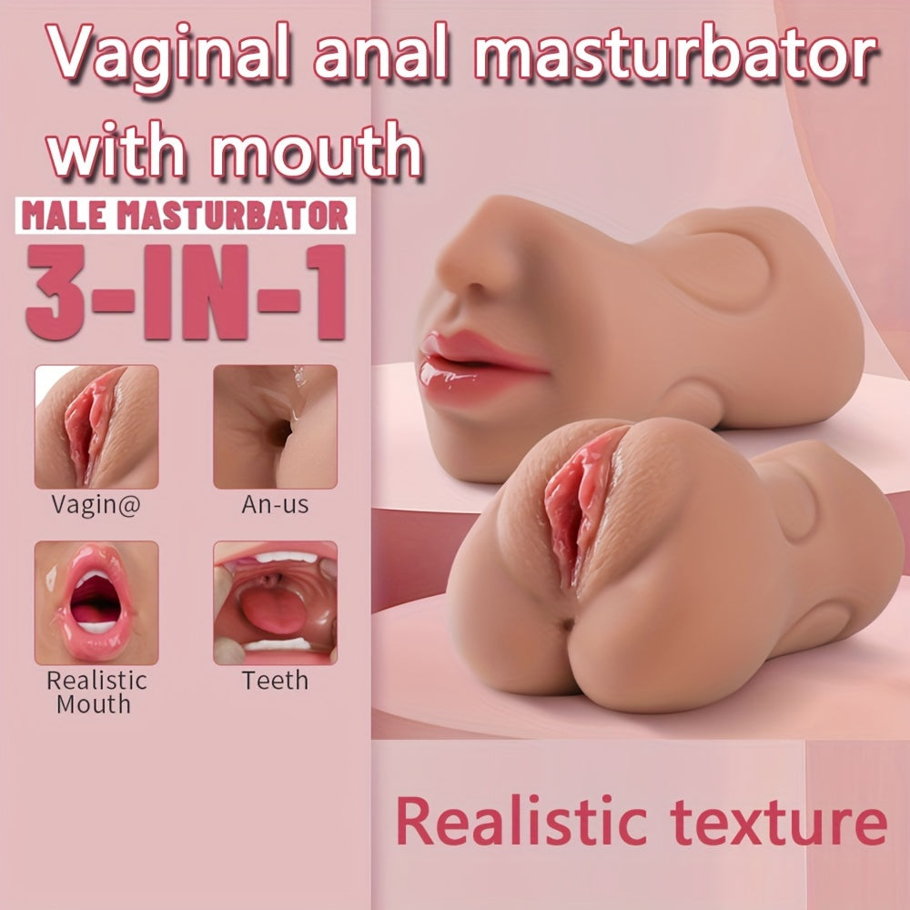 เครื่องช่วยสำเร็จความใคร่ชายแบบสมจริง 3-in-1 - ออรัล ช่องคลอด และทวารเทียม ของเล่นทางเพศสำหรับผู้ชาย พร้อมช่องสัมผัสสามมิติ วัสดุ TPE นุ่มเป็นพิเศษ อุปกรณ์สร้างความสุขสำหรับผู้ใหญ่ กันน้ำ
