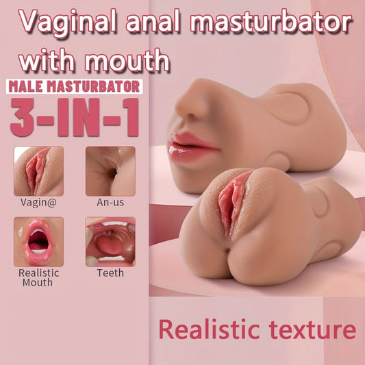 3-in-1 Realistic Male Masturbator - Oral. Vaginal & Anal Pocket Pussy Sex Toy for Men with 3D Textured Channels. Ultra-Soft TPE Material. Waterproof Adult Pleasure Accessory