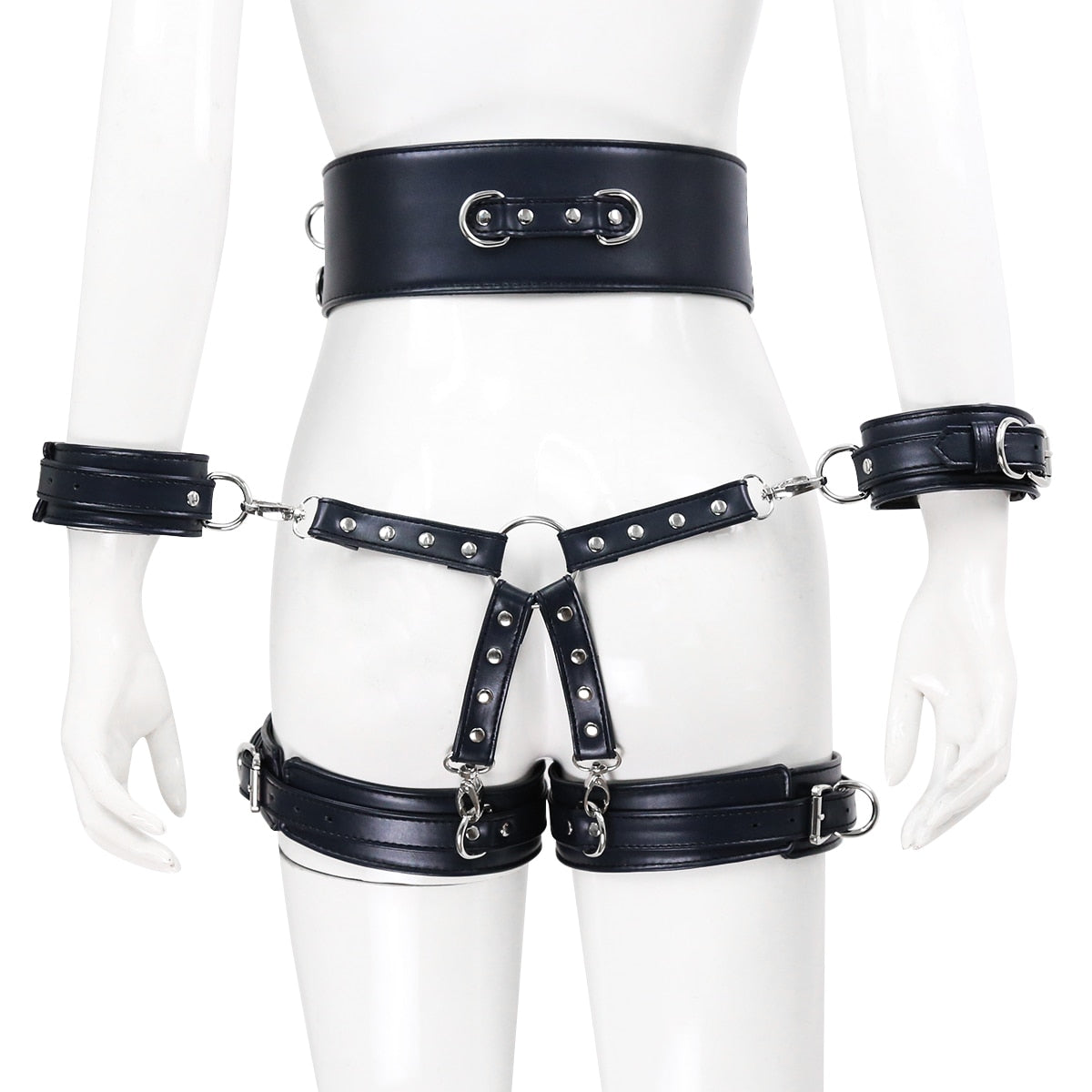 ชุดรัดตัว BDSM หนังเทียมสำหรับผู้ใหญ่ ประกอบด้วย กุญแจมือ เข็มขัด ที่รัดขา ข้อต่อตรงกลาง ของเล่นสำหรับผู้ใหญ่ ของเล่นรัดตัวสำหรับผู้หญิง