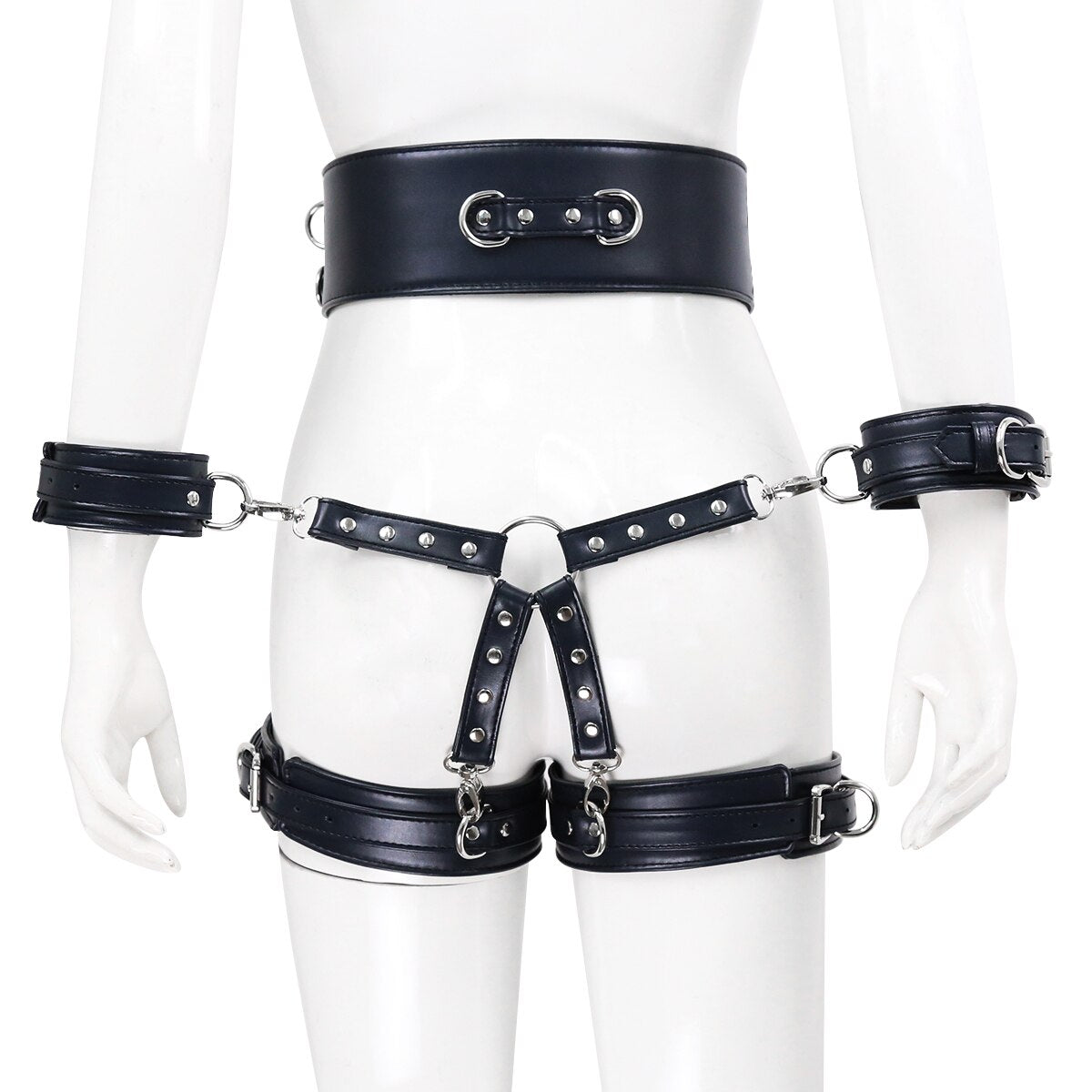 ชุดรัดตัว BDSM หนังเทียมสำหรับผู้ใหญ่ ประกอบด้วย กุญแจมือ เข็มขัด ที่รัดขา ข้อต่อตรงกลาง ของเล่นสำหรับผู้ใหญ่ ของเล่นรัดตัวสำหรับผู้หญิง