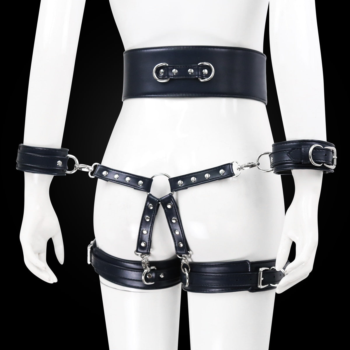 ชุดรัดตัว BDSM หนังเทียมสำหรับผู้ใหญ่ ประกอบด้วย กุญแจมือ เข็มขัด ที่รัดขา ข้อต่อตรงกลาง ของเล่นสำหรับผู้ใหญ่ ของเล่นรัดตัวสำหรับผู้หญิง