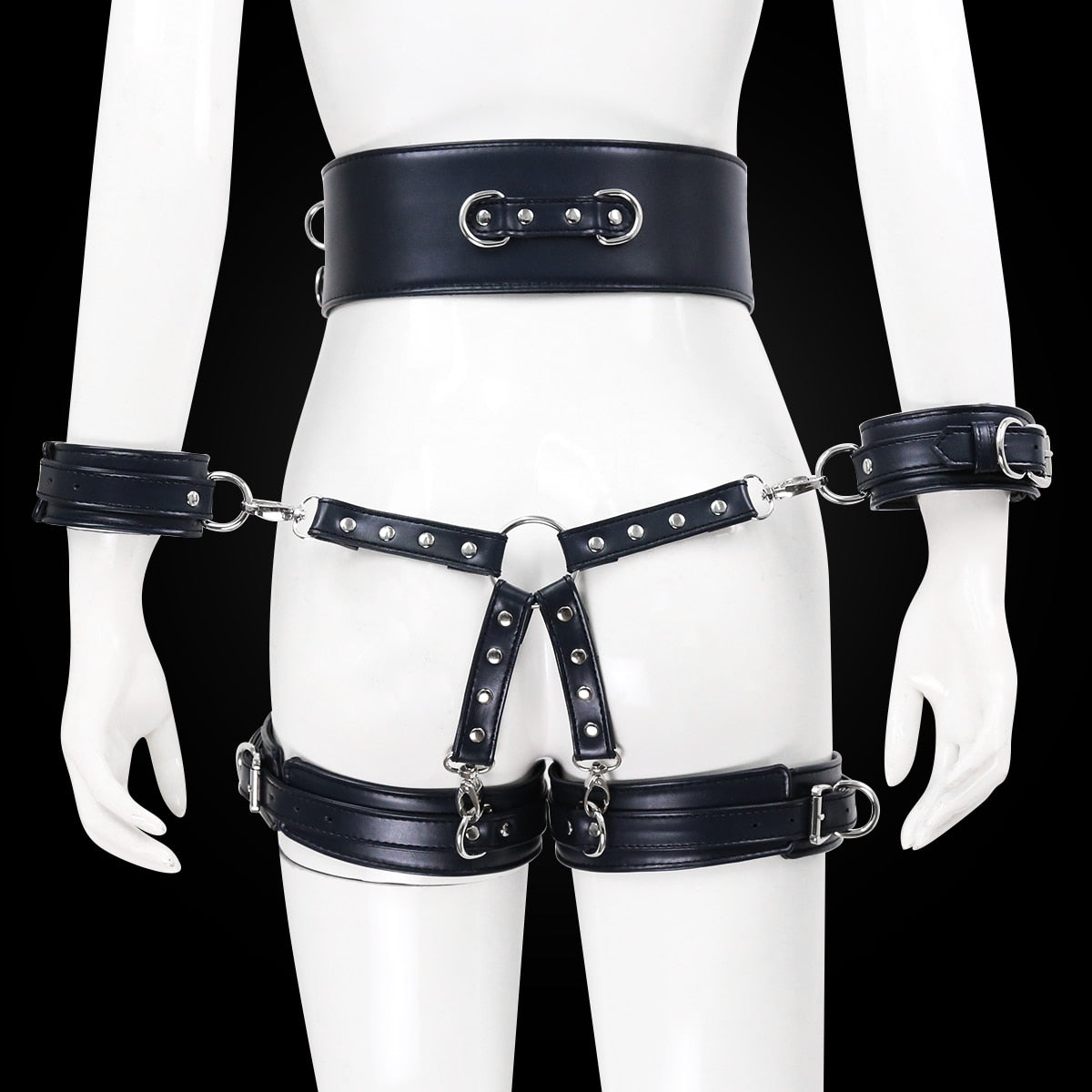 ชุดรัดตัว BDSM หนังเทียมสำหรับผู้ใหญ่ ประกอบด้วย กุญแจมือ เข็มขัด ที่รัดขา ข้อต่อตรงกลาง ของเล่นสำหรับผู้ใหญ่ ของเล่นรัดตัวสำหรับผู้หญิง