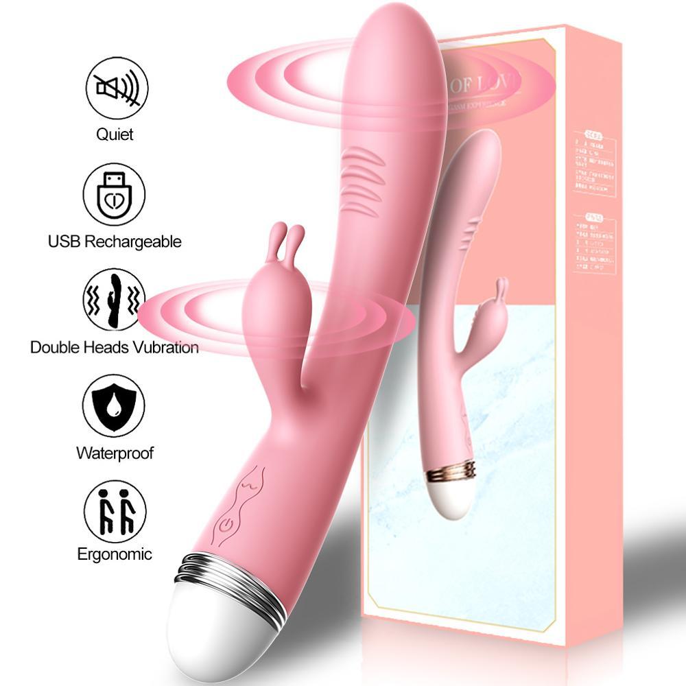 เครื่องสั่น G-spot Rabbit แบบสองหัวสำหรับผู้หญิง อุปกรณ์ช่วยสำเร็จความใคร่แบบรัด Dildo กระตุ้นปุ่มกระสัน กันน้ำ ชาร์จไฟได้ ของเล่นทางเพศสำหรับผู้ใหญ่
