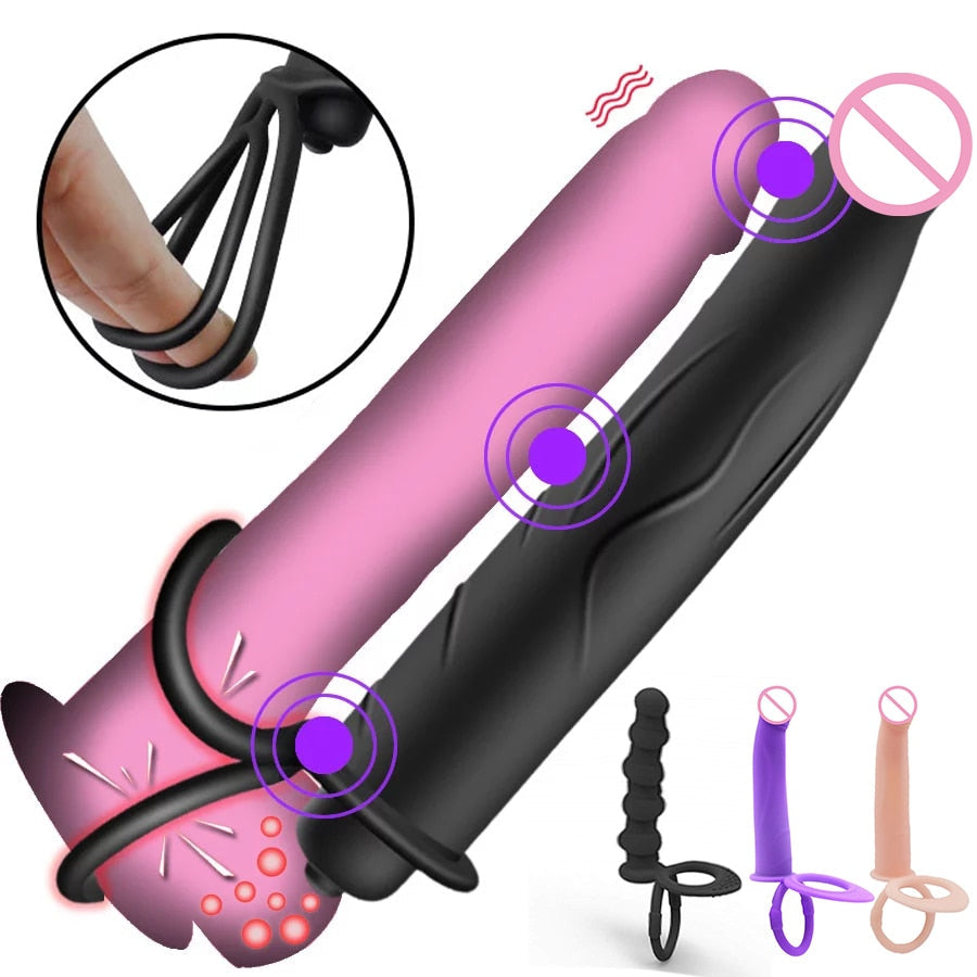 อุปกรณ์ช่วยทางเพศสุดเซ็กซี่สำหรับผู้ใหญ่ สำหรับผู้หญิง คู่รัก BDSM จุกเสียบก้นทางทวารหนัก ปลอกหุ้มองคชาตสองชั้นแบบรัด อุปกรณ์สั่น G-Spot ของเล่นอีโรติก
