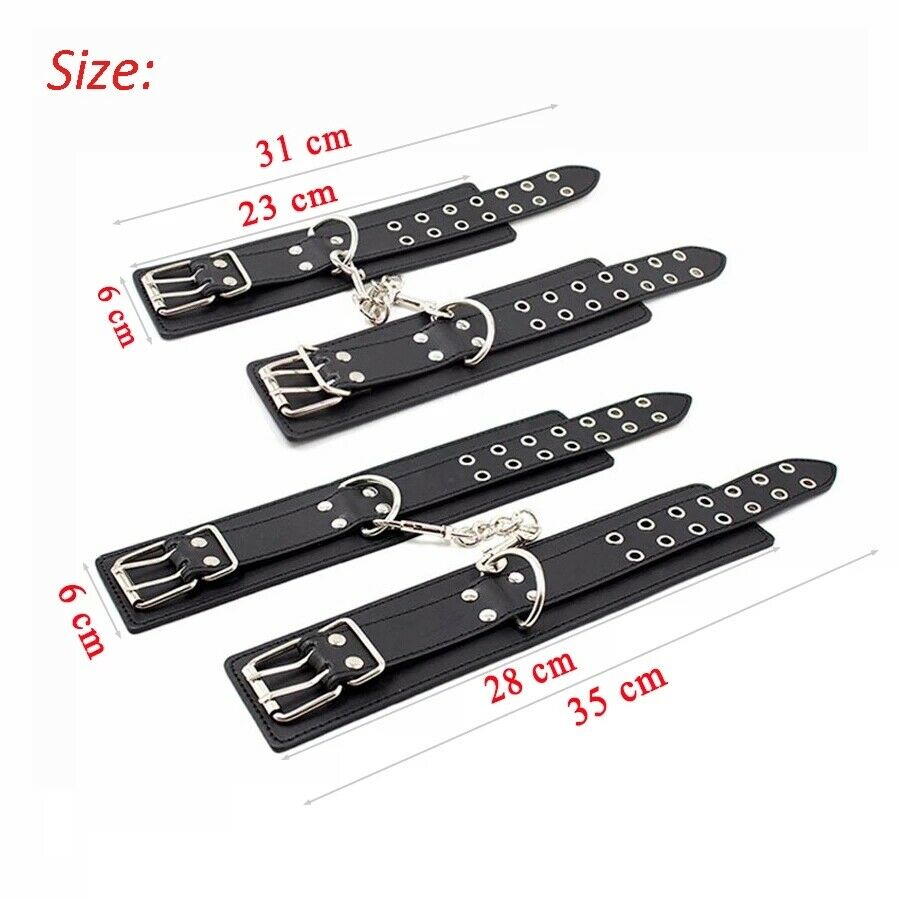 Male Female Black PU Leather Neck Collar Handcuffs Ankle Cuffs Wrist Chain Slave Bondage BDSM Fetish Restraints Kit Sex Toys