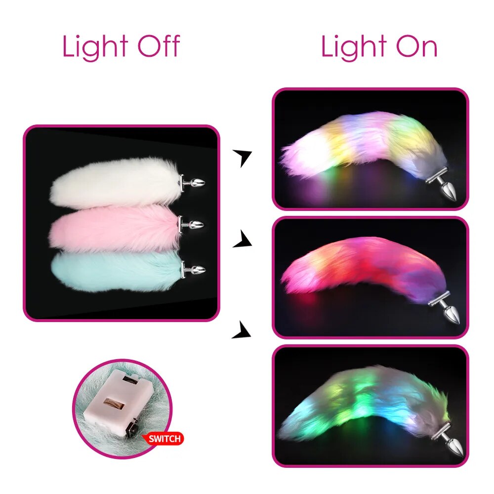 Metal Stainless Glow Steel New Detachable Led Cosplay Luminous Fox Tail Anal Butt Plug Sex Toys สำหรับผู้หญิง ผู้ชาย และคู่รัก