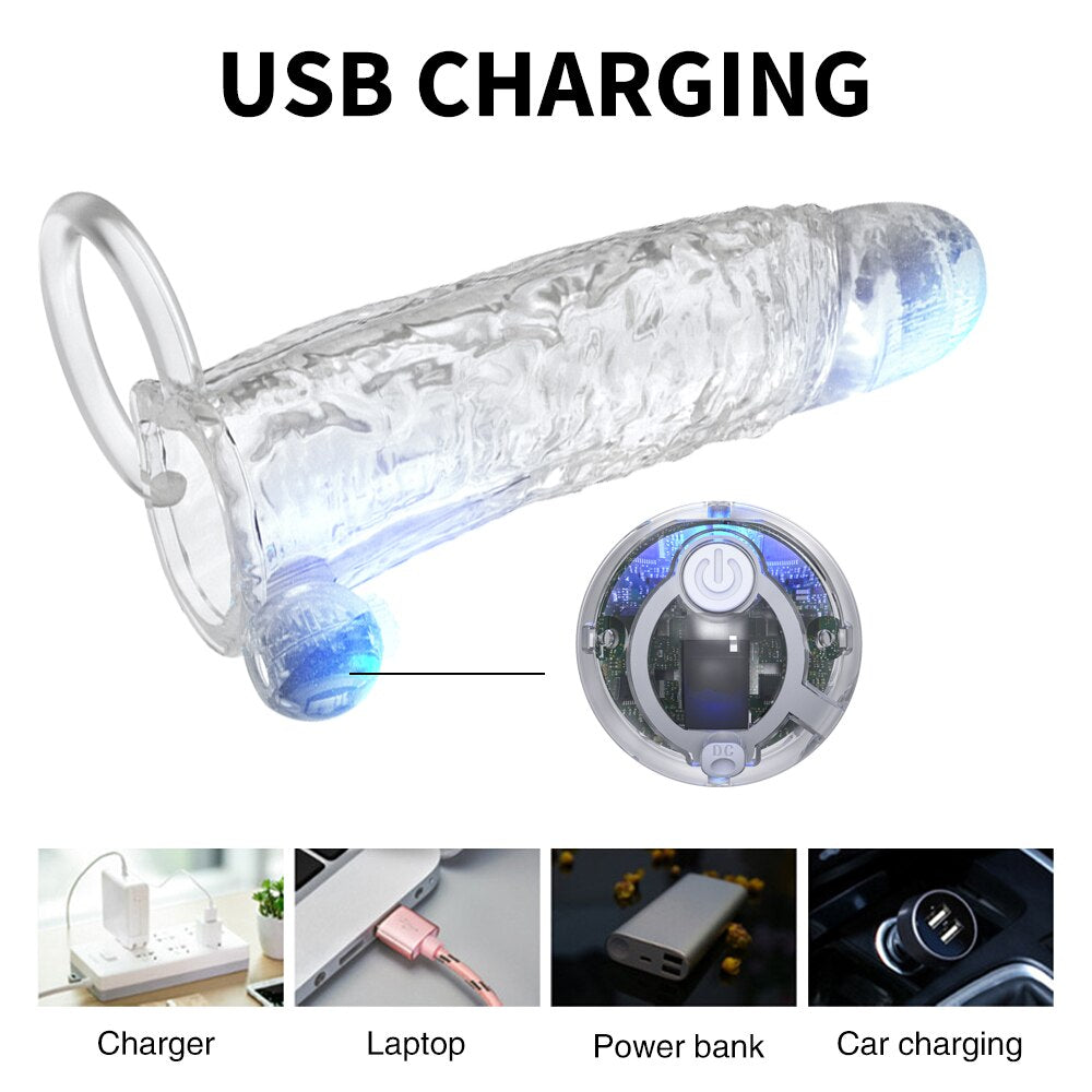 Penis Vibrator Extender Sleeve Delay Ejaculation Reusable ถุงยางอนามัยขยาย Cock แหวนของเล่นสำหรับผู้ใหญ่สำหรับผู้ใหญ่ Dick Enlarger