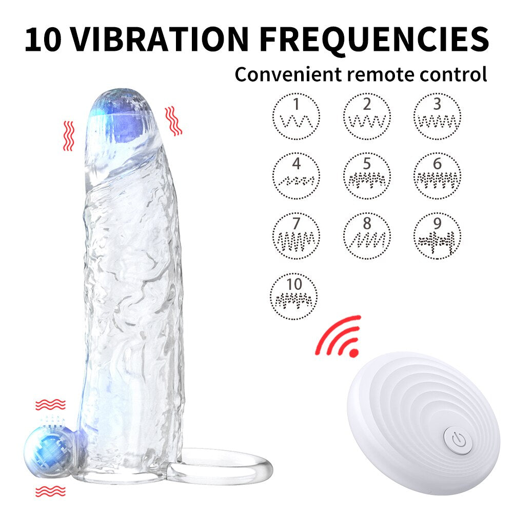 Penis Vibrator Extender Sleeve Delay Ejaculation Reusable ถุงยางอนามัยขยาย Cock แหวนของเล่นสำหรับผู้ใหญ่สำหรับผู้ใหญ่ Dick Enlarger