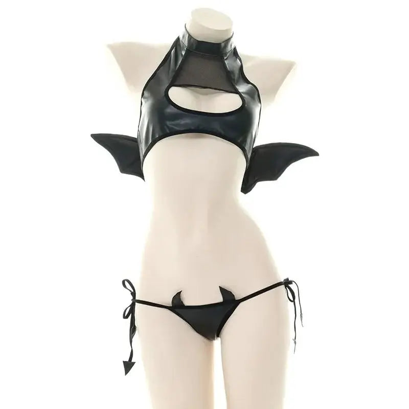 Sexy Patent Leather Women Lingerie Set Little Devil Wings Underwear SM Flirting Open Chest Underwear Porn Bra Costume
