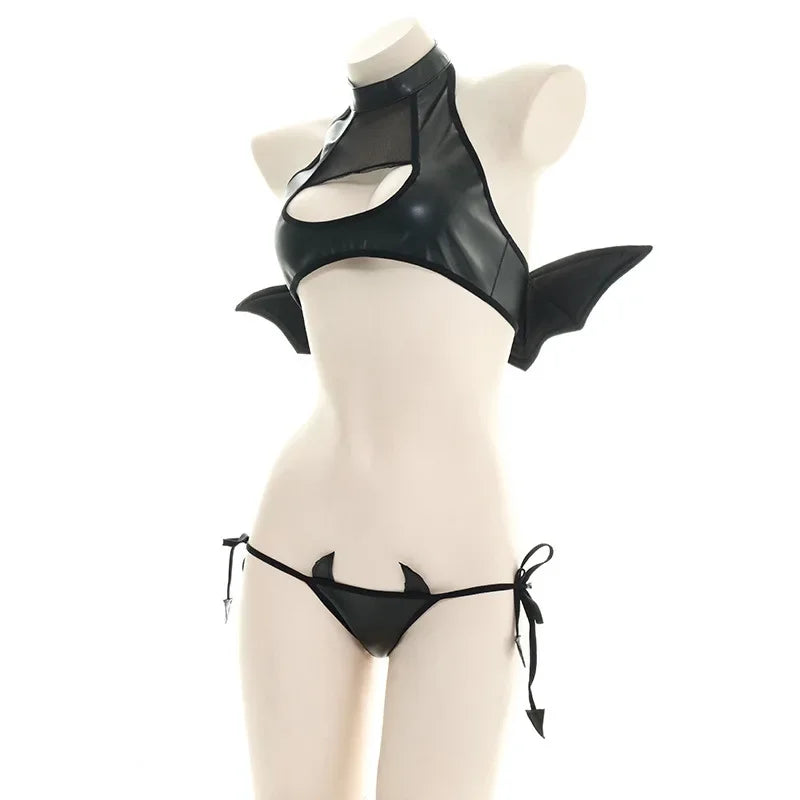 Sexy Patent Leather Women Lingerie Set Little Devil Wings Underwear SM Flirting Open Chest Underwear Porn Bra Costume