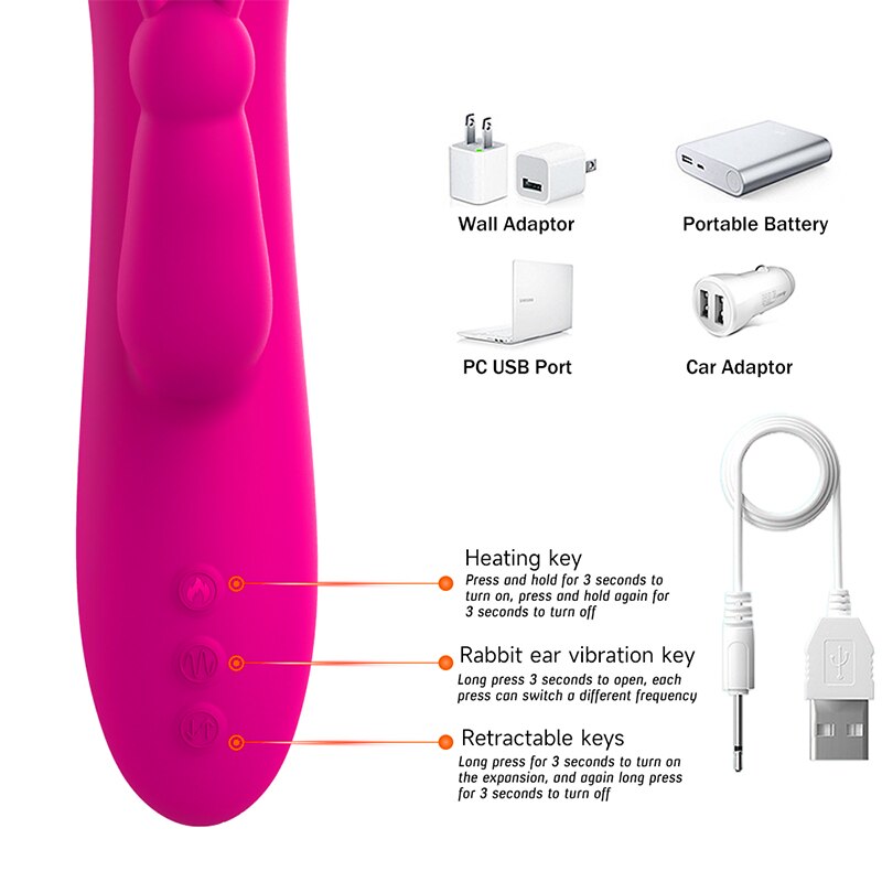 Telescopic Rabbit Rotating Heating G-Spot Dildo Vibrator Anal Clit Stimulator Female Masturbation Sex Toy for Women